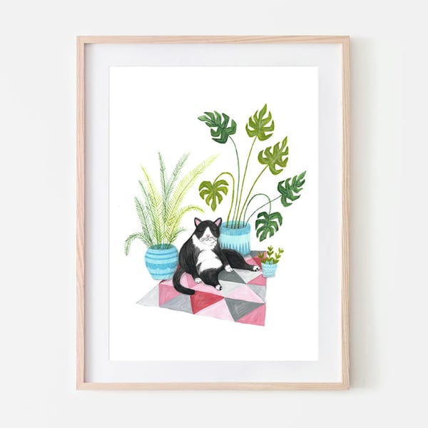 Cat Print - Tuxedo Cat - Cat illustration - Plant lovers - A4 art print