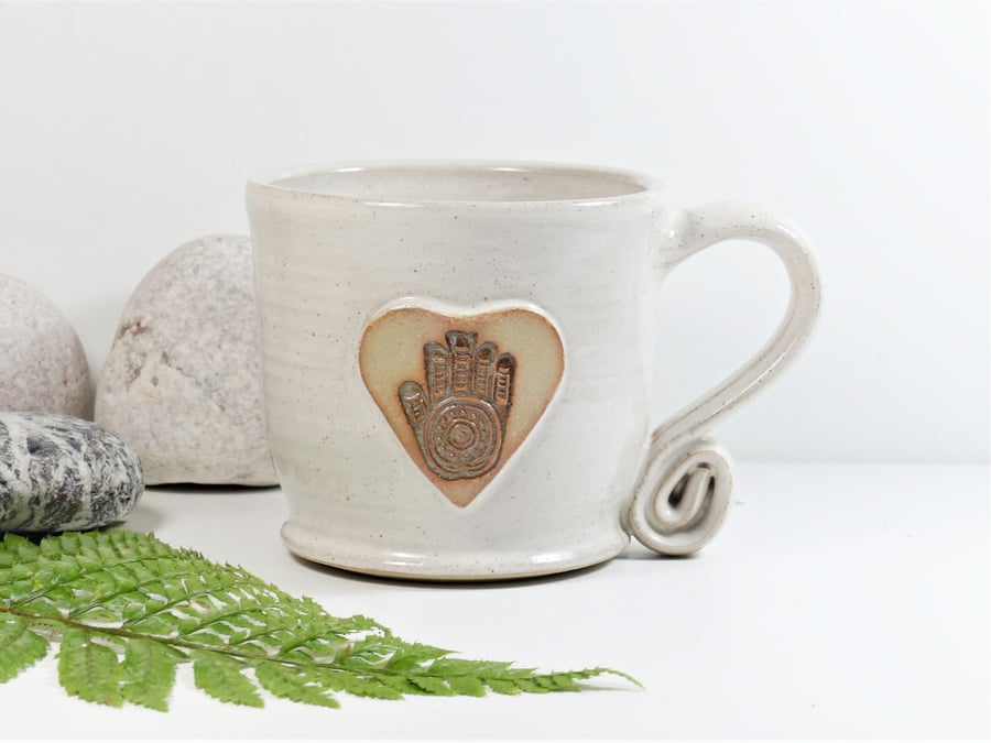 Large Hand of Hamsa White Mug - Handmade Wheelthrown Stoneware Pottery