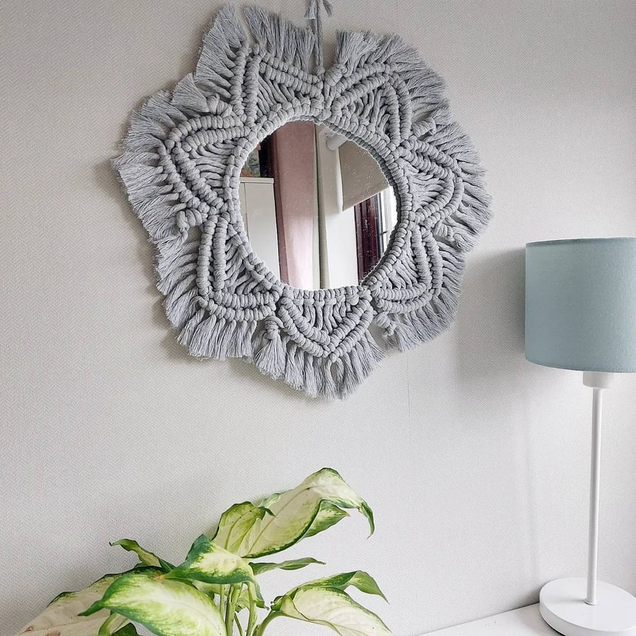 Light grey macrame mirror, nursery decor, boho decor, boho home accessories, gir