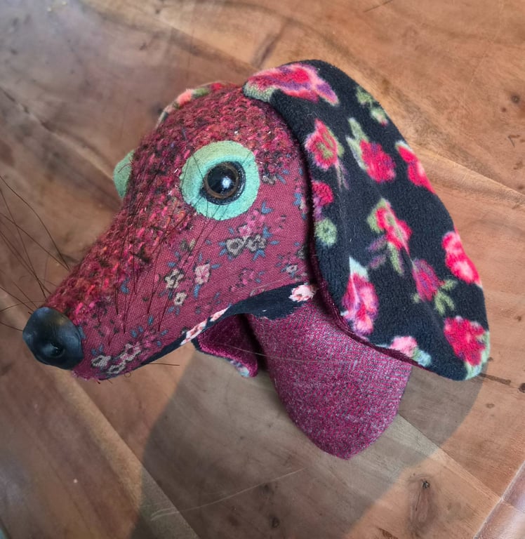 Faux dachshund wall mount in  claret wool tweed and florals