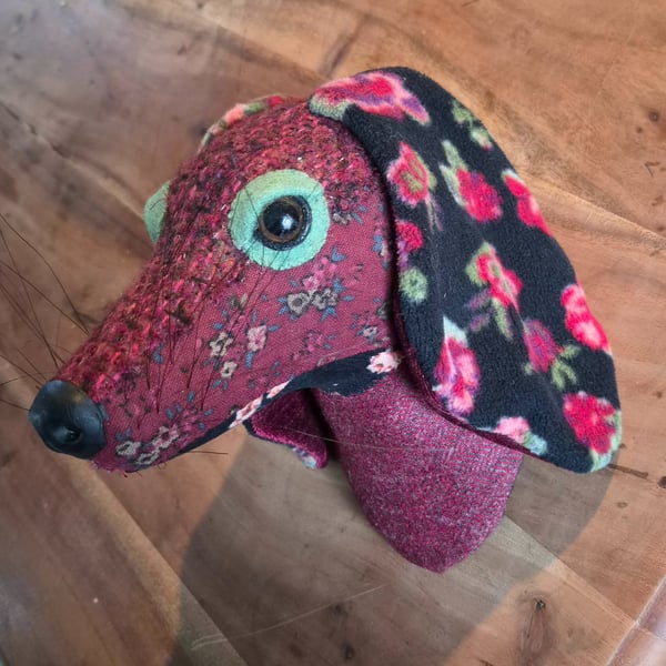 Faux dachshund wall mount in  claret wool tweed and florals