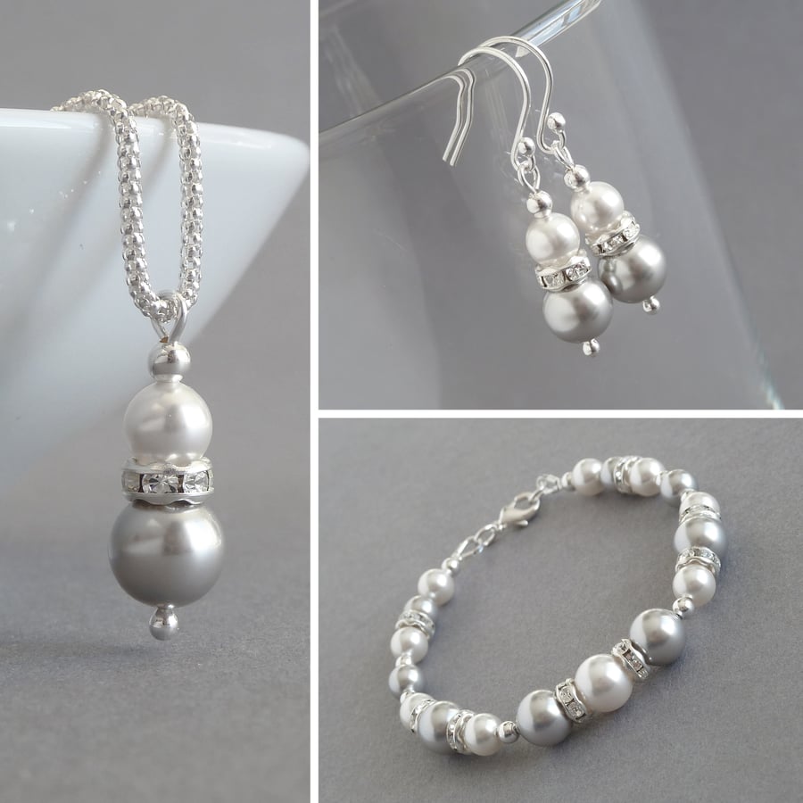 Silver Pearl and Crystal Jewellery Set - Light Grey Wedding Jewellery - Gifts