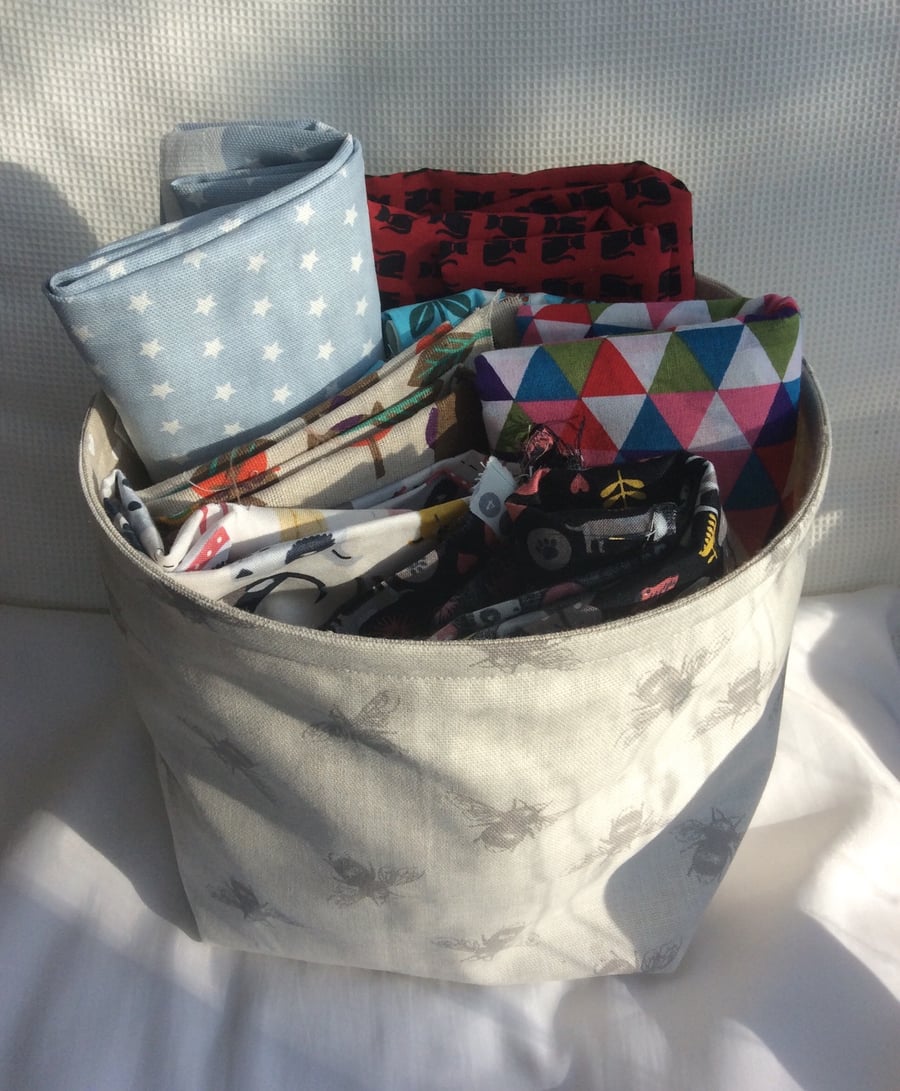 Large fabric basket, bowl, multi purpose storage, bees on beige