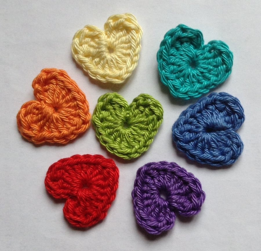Crochet Heart Appliqués Embellishments in the Colours of the Rainbow 