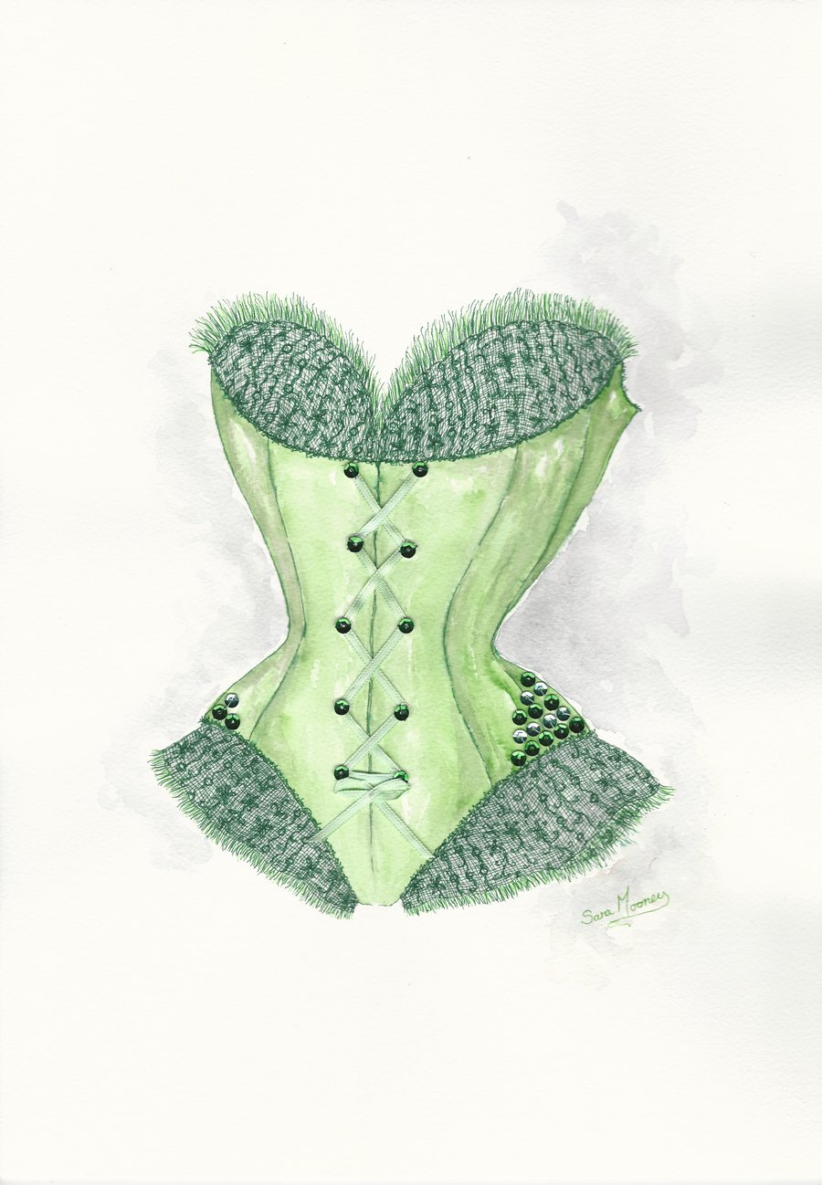 Corset watercolour painting in emerald green with sequins and ribbon