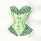 Corset watercolour painting in emerald green with sequins and ribbon