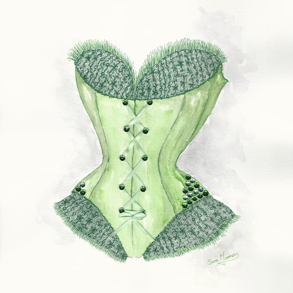 Corset watercolour painting in emerald green with sequins and ribbon