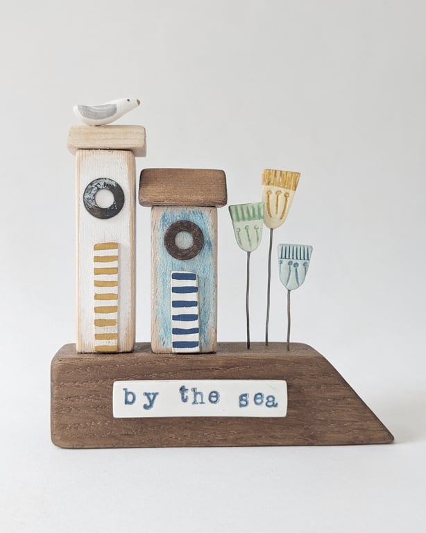 Little Wooden Sea Huts with Clay Flowers 'By the Sea'