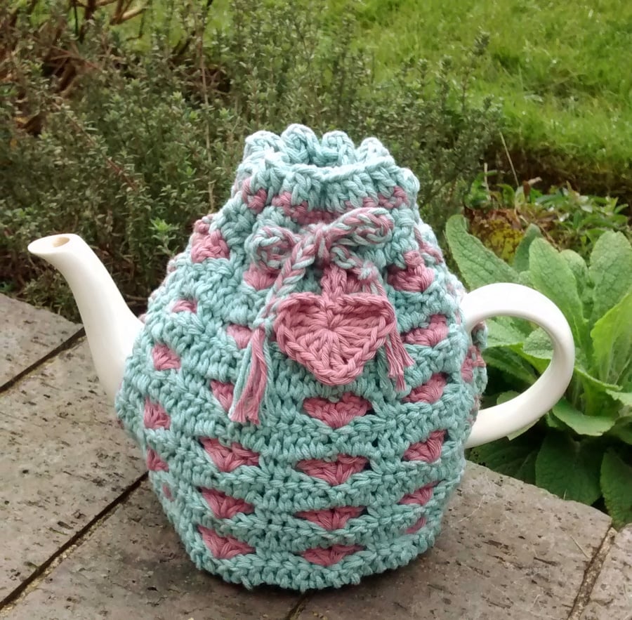Crochet Heart Teapot Cosy, Duck Egg Blue and Pink