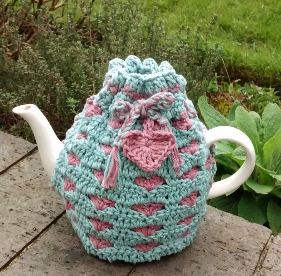 Crochet Heart Teapot Cosy, Duck Egg Blue and Pink