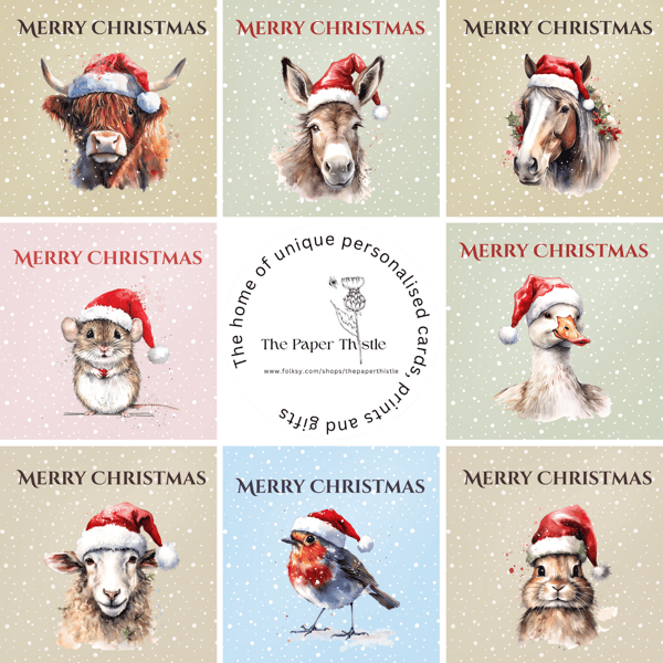 Animals in Christmas Hats 8 illustrated cards and marching gift tags
