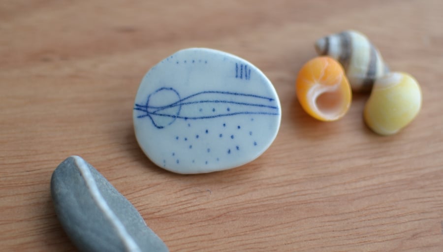 Seascape ceramic brooch - Small beautiful hand drawn lines and a clear glaze