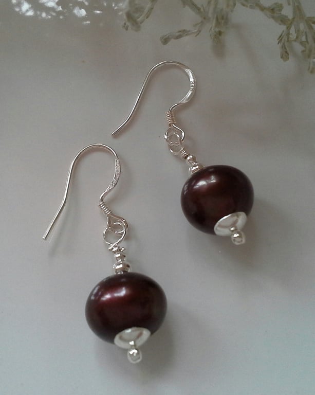 Large 12mm Bronze Freshwater Pearl Sterling Silver Earrings
