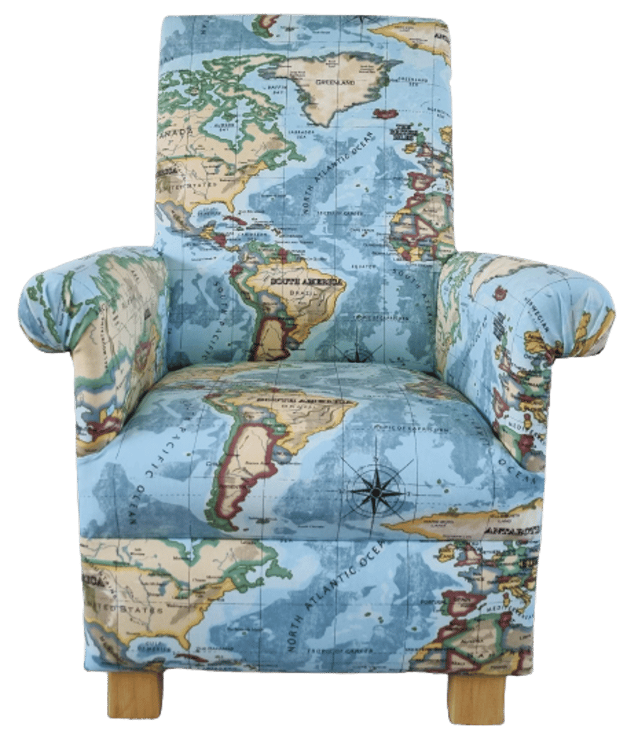 Prestigious World Atlas Fabric Adult Chair Azure Blue Maps Library Study Nursery