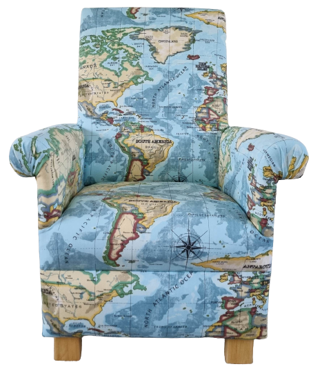 Prestigious World Atlas Fabric Adult Chair Azure Blue Maps Library Study Nursery