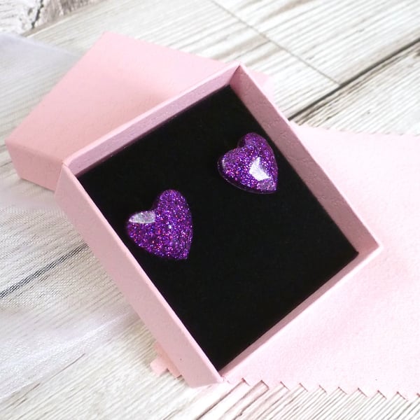 Purple heart studs. Purple glitter heart-shaped earrings for women