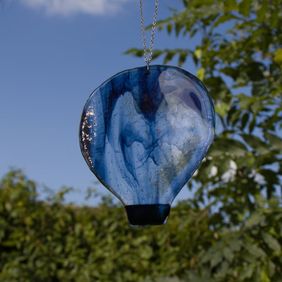 Hot Air Balloon Hanger in Streaky Blue Fused Glass - 6169
