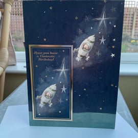 A little boy in a spaceship happy birthday card