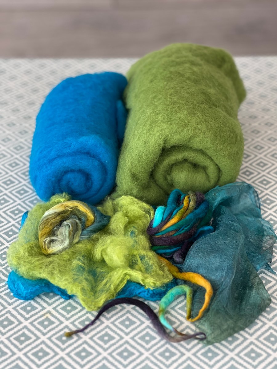 Nuno Felt Hat and Cowl on a Ball Course - Green and Turquoise Materials Kit