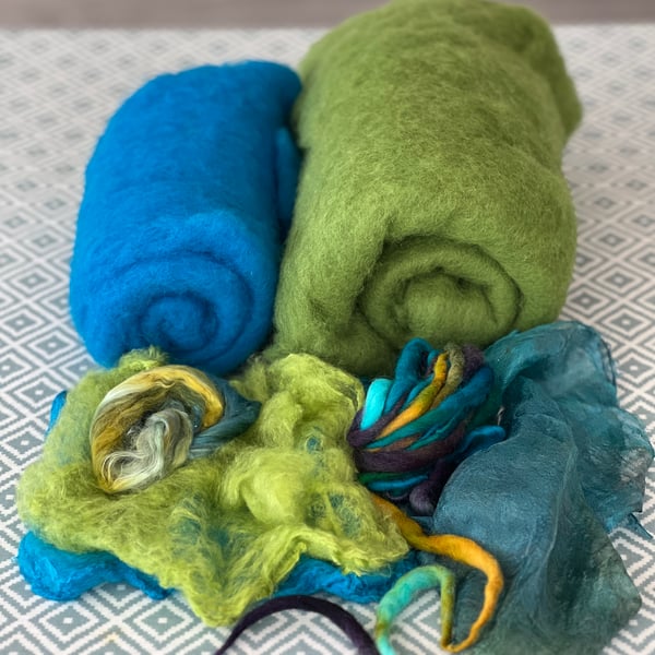 Nuno Felt Hat and Cowl on a Ball Course - Green and Turquoise Materials Kit