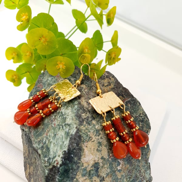 Handmade Roman Style Brass Chandelier Earrings Carnelian Triple Drops