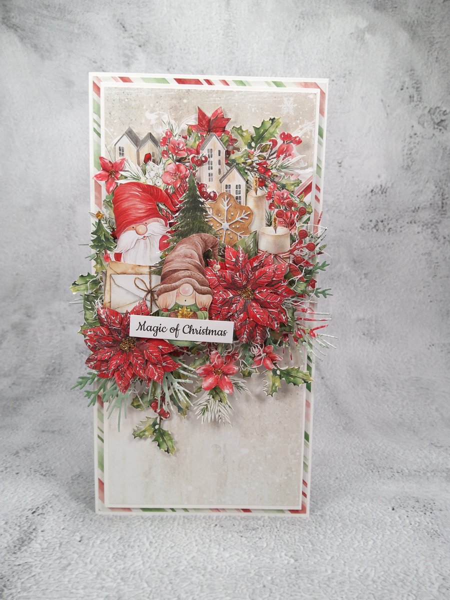 Handmade Christmas Card (38) Gnomes, Poinsttias & Winter Village Scene