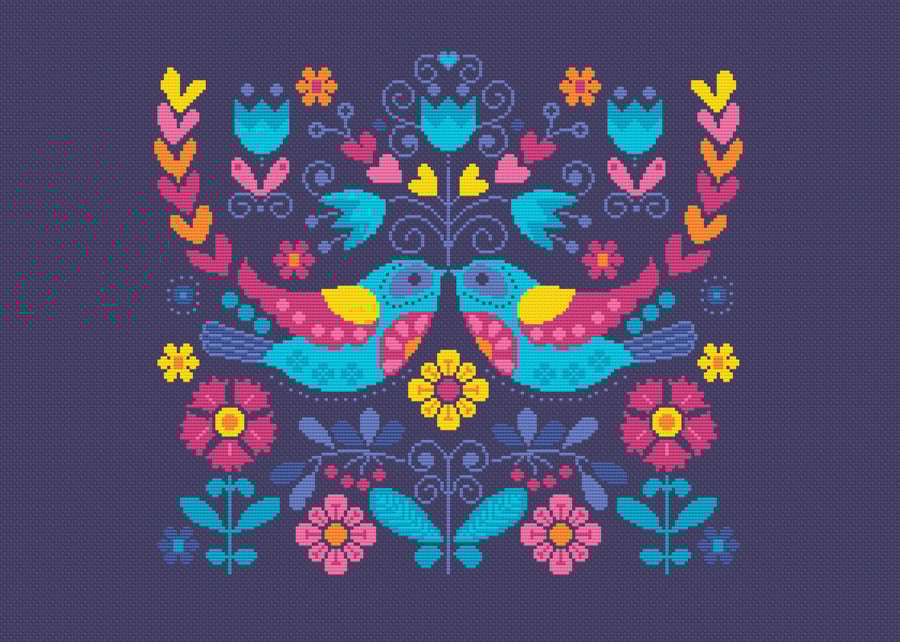 090 - Cross Stitch Pattern Vibrant Colour Mexican Folk Art flower Cinco De Mayo 