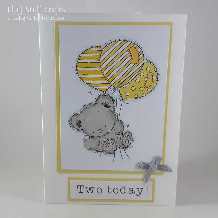 Handmade second birthday card - cute bear with balloons