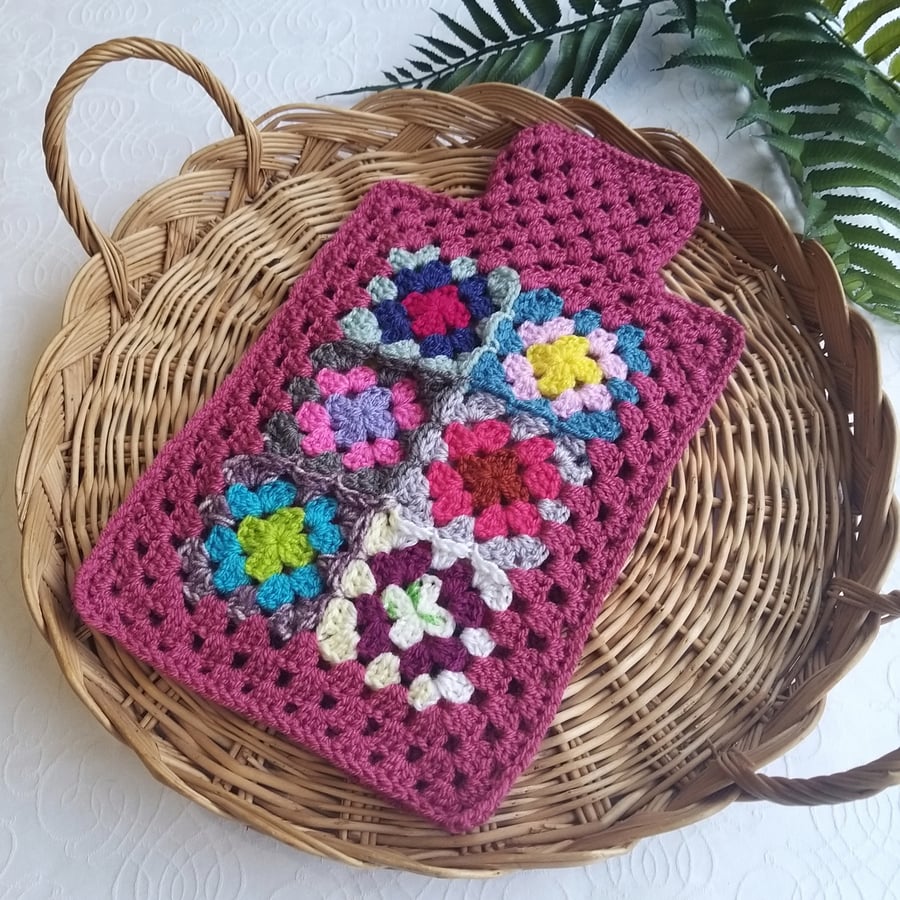  Crochet Hot Water Bottle Cover Granny Square 'Happy Scrappy' Raspberry