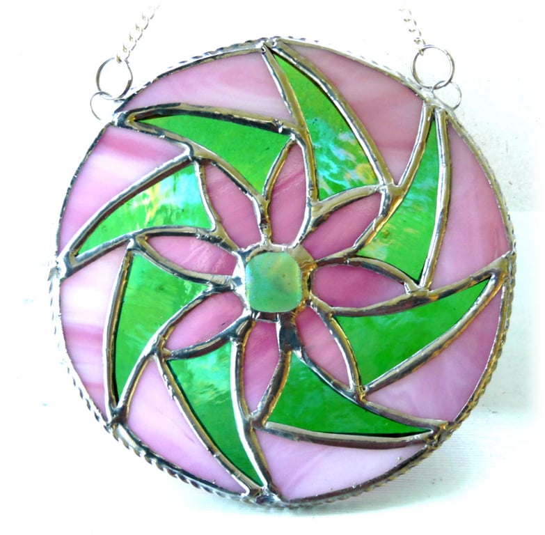 Floral Swirl Stained Glass Suncatcher Pink Handmade 003