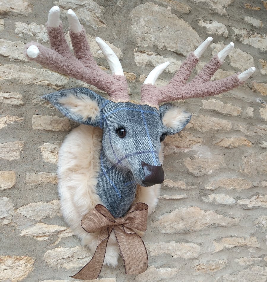 Handmade faux taxidermy stag Harris tweed grey check deer head wall mount