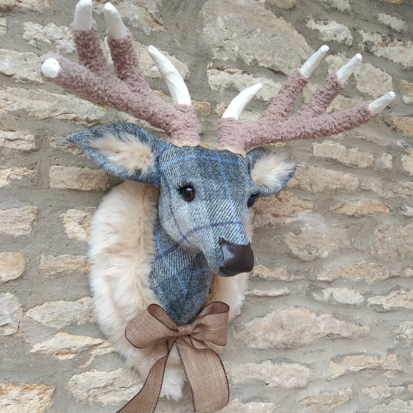 Handmade faux taxidermy stag Harris tweed grey check deer head wall mount