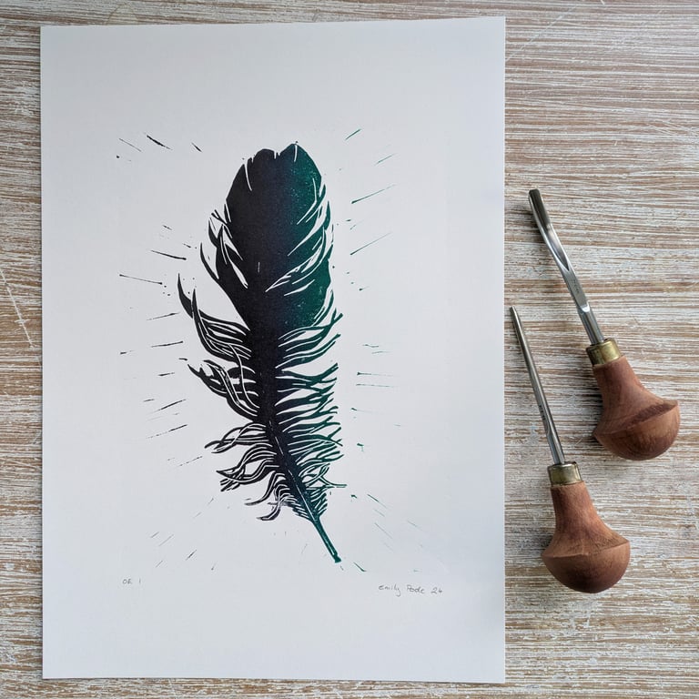 Crow Feather Linoprint Original Art