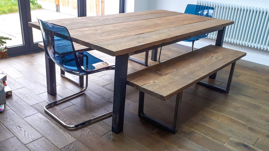 Farmhouse Style Rustic Table from Reclaimed Scaffold Boards & Steel Box Section