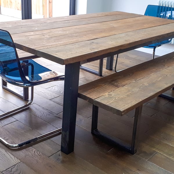 Farmhouse Style Rustic Table from Reclaimed Scaffold Boards & Steel Box Section