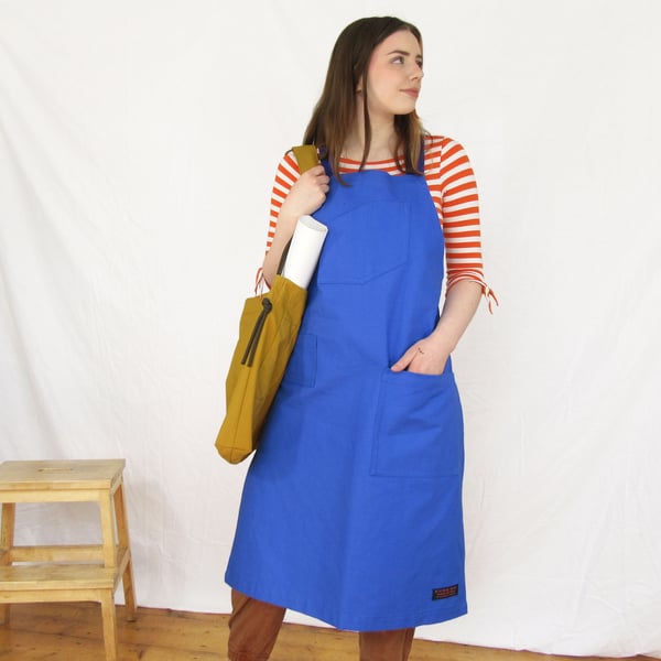 Printers Work Apron with Adjustable Crossback Straps, 3 Pockets. Blue No24