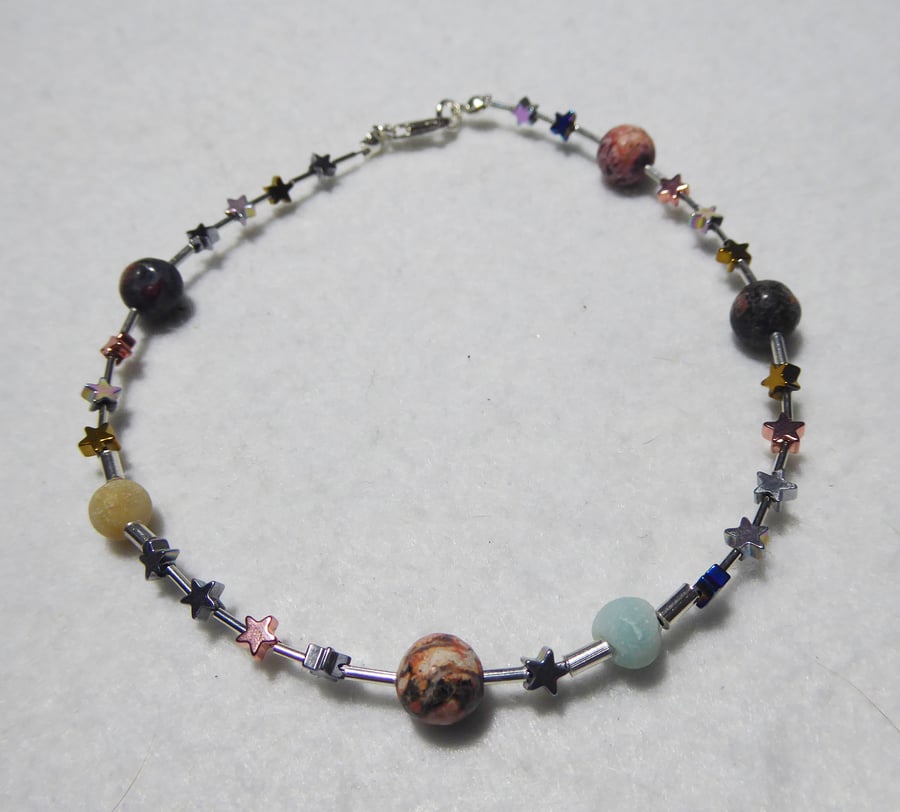 Sterling Silver and Gemstone Stars and Planets Anklet