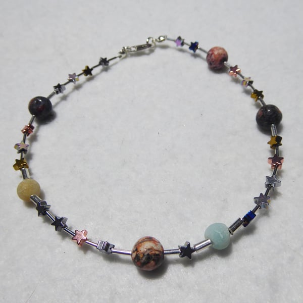 Sterling Silver and Gemstone Stars and Planets Anklet