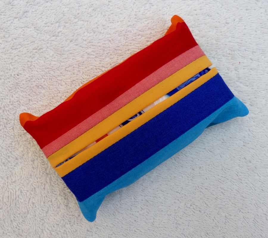 Travel Tissue Holder in Rainbow  Stripe Cotton Fabric. Yellow  Trim.