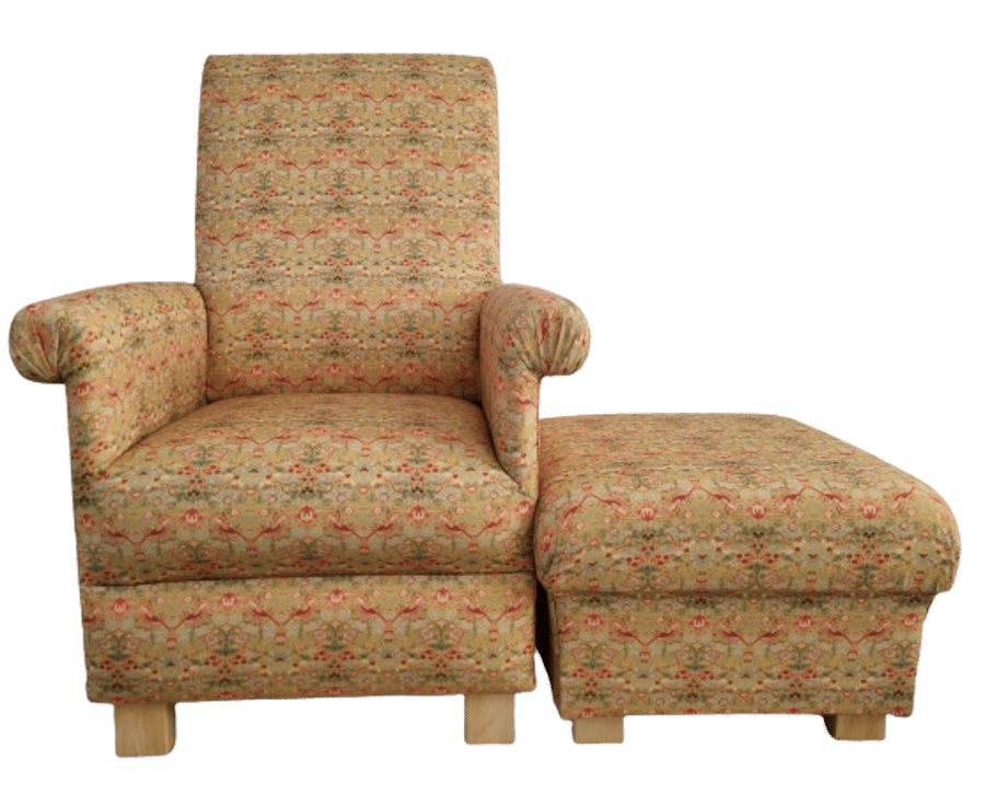 William Morris Strawberry Thief Fabric Ochre Chair & Footstool Armchair Mustard