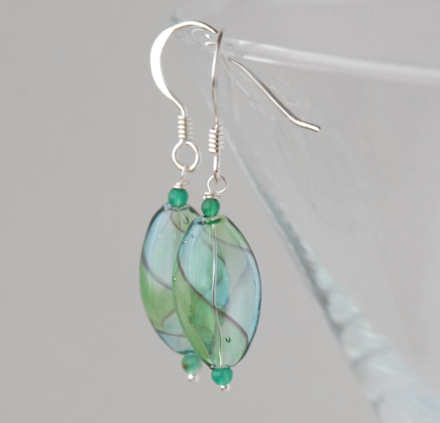 blown glass and silver earrings - blue and green pale pastel
