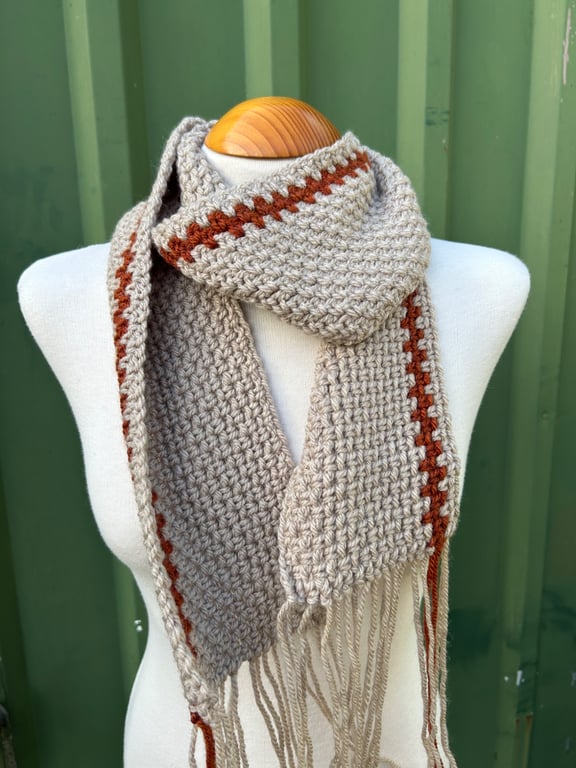 Beige and Rusty Brown Handmade Moss Stitch Scarf 