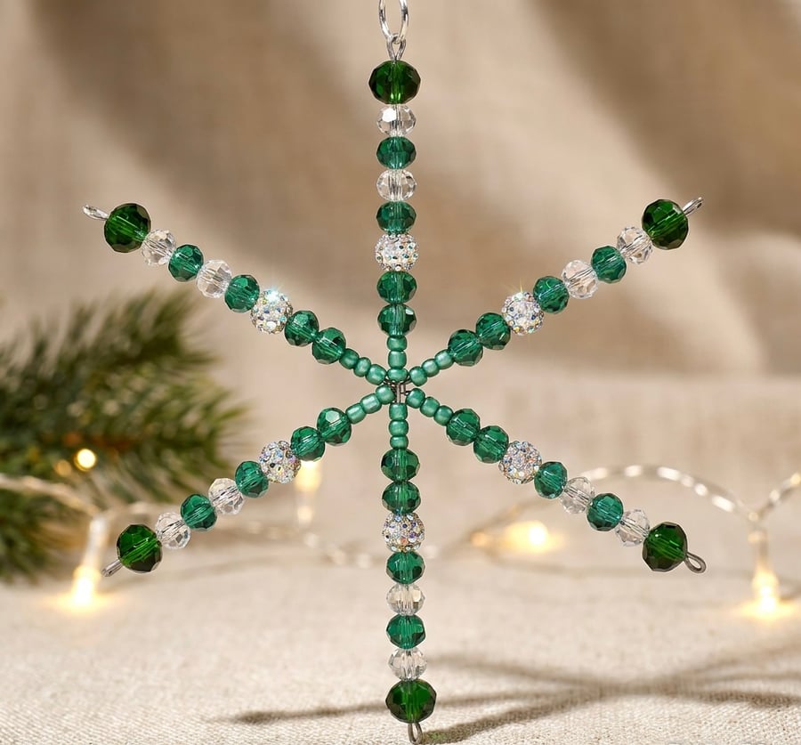 Handmade 4inch Green Crystal Beaded Snowflake,