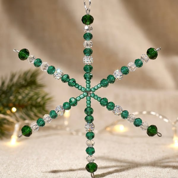 Handmade 4inch Green Crystal Beaded Snowflake,