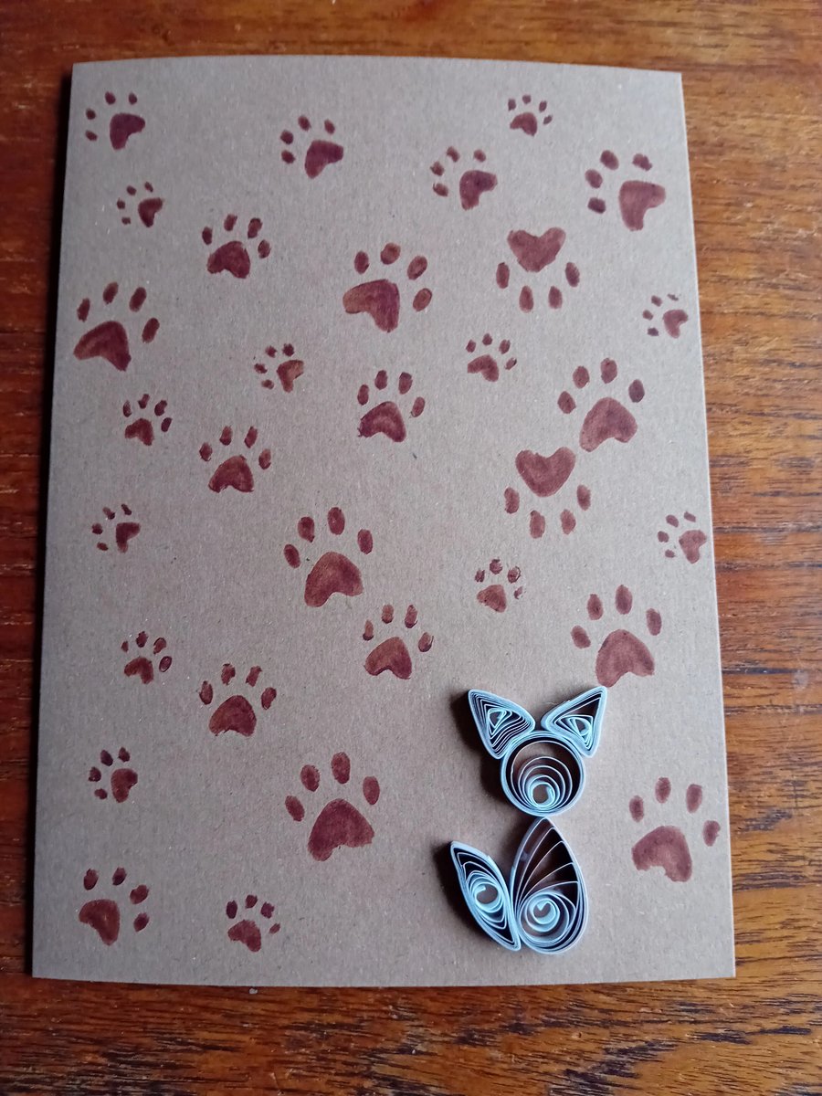 Cat and Paw Print Quilled Greetings Card
