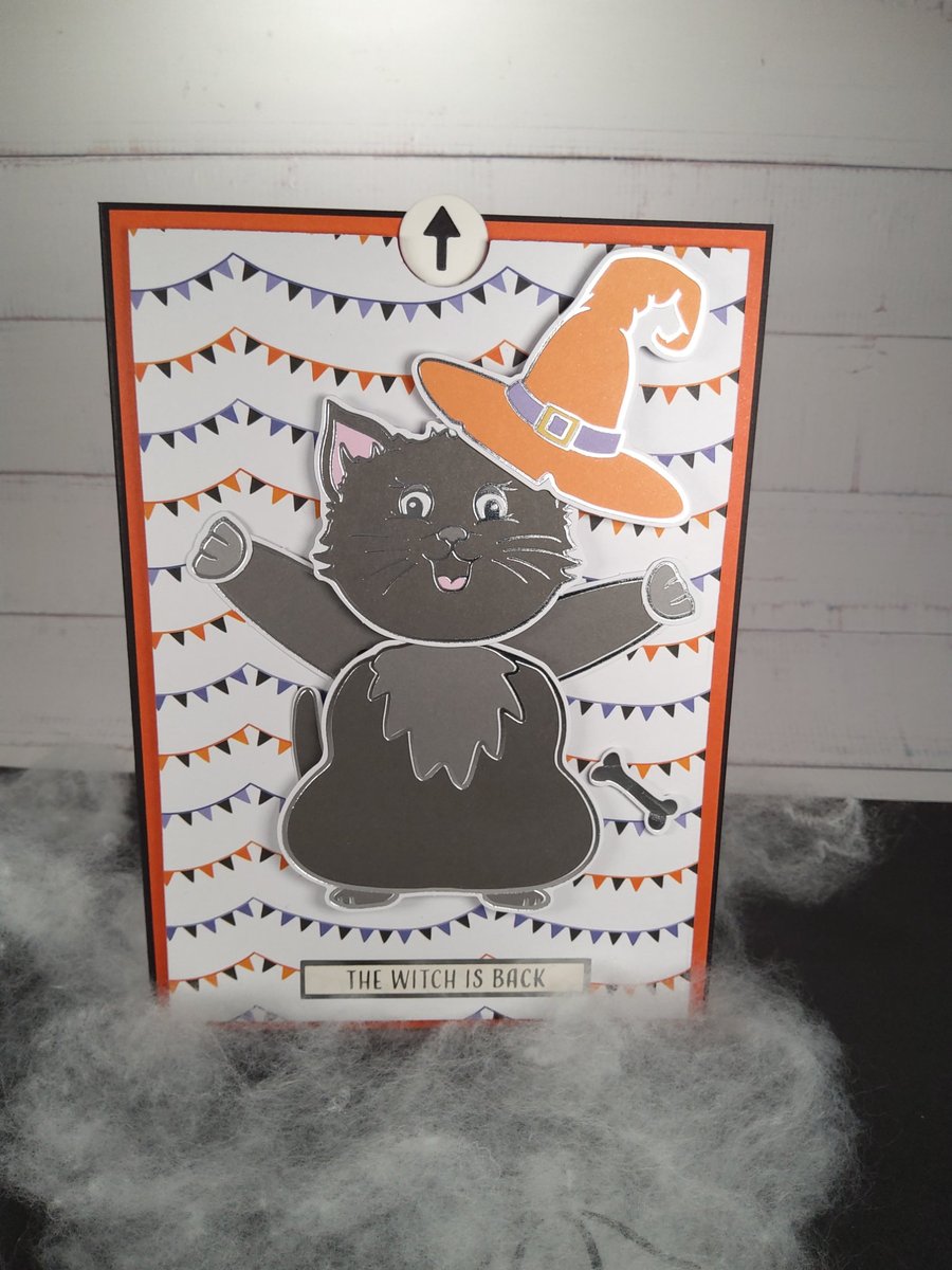 Interactive Halloween Black Cat Card. Moving Witch Cat. Handmade Pull Tap Card. 