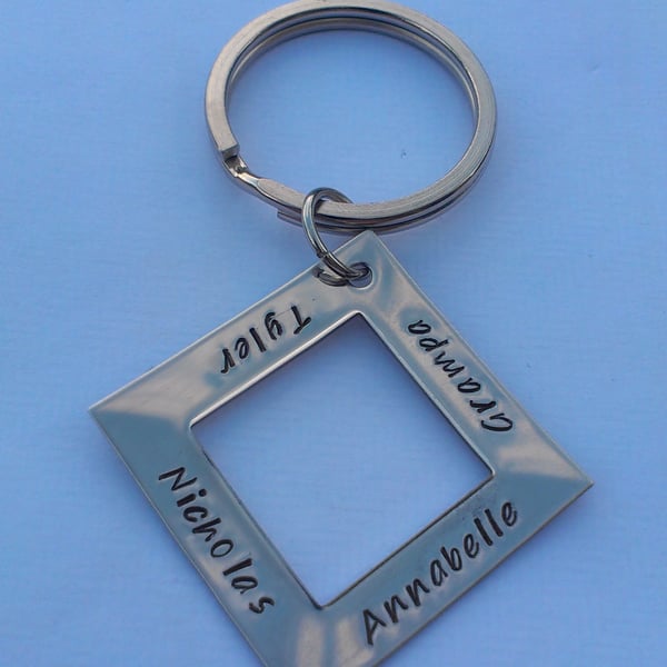Hand stamped personalised stainless steel square name keyring Dad Daddy Grandad 