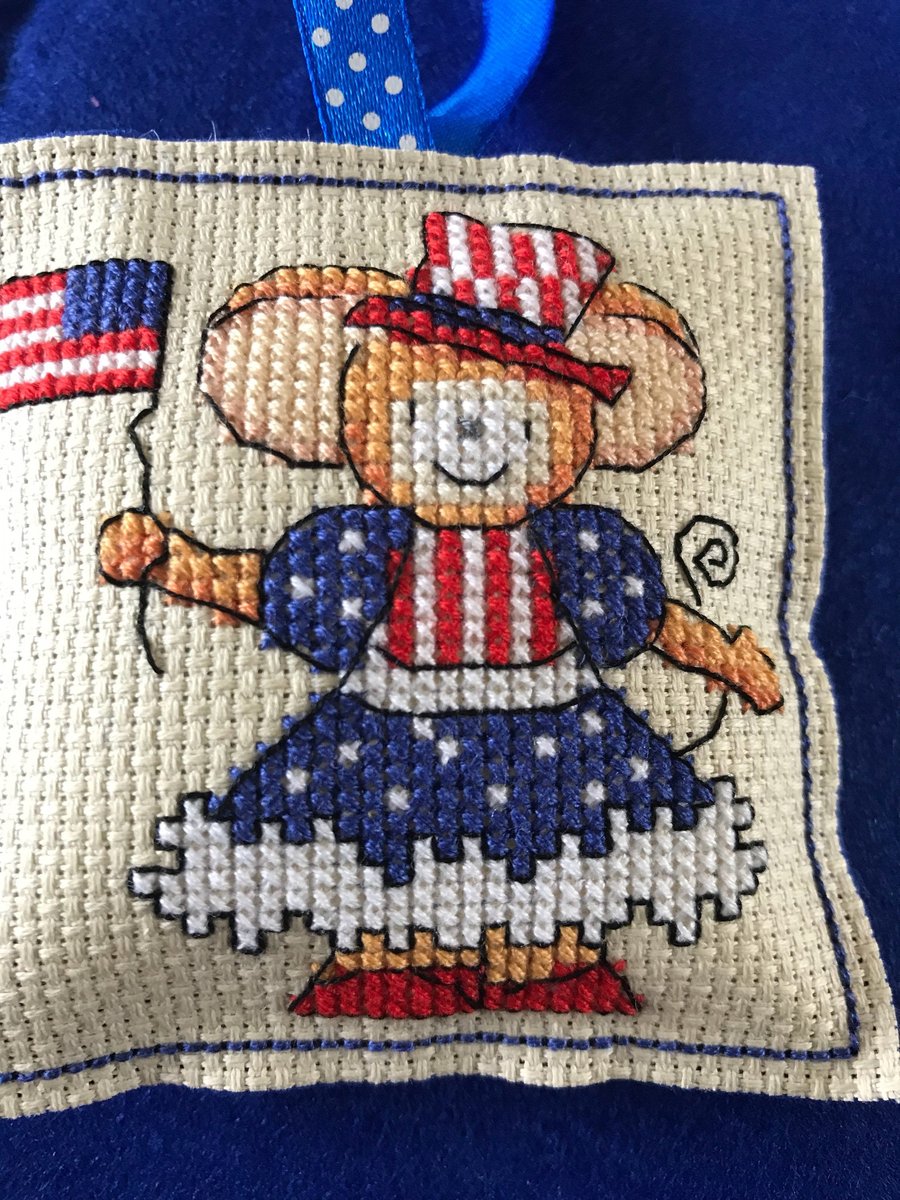 USA mouse. Cross stitched hanging decoration . Padded mouse ornament. Navy blue 
