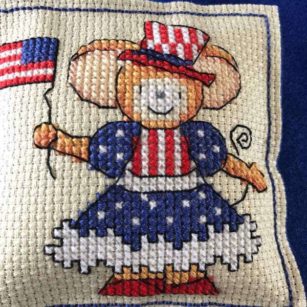 USA mouse. Cross stitched hanging decoration . Padded mouse ornament. Navy blue 