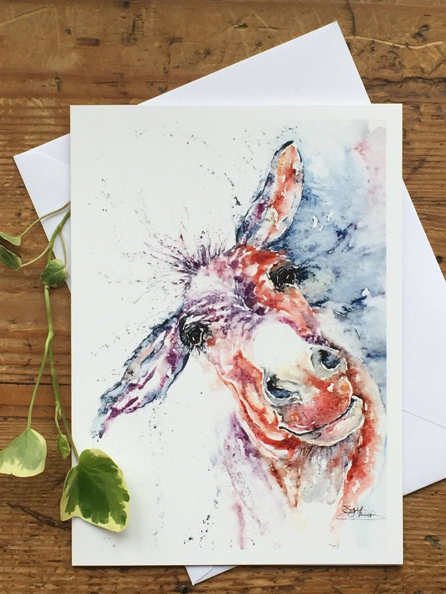 Wonky Donkey Card, A5 blank greeting card with a watercolour donkey design